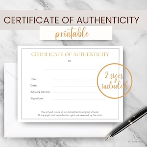 Printable Certificate of Authenticity, Printable Certificate of Original Art, Digital Download COA