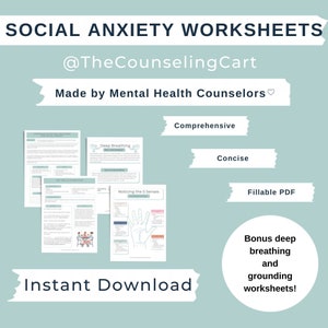Puede incluir: Una descarga digital de hojas de trabajo sobre ansiedad social. Las hojas de trabajo están diseñadas para ayudar a las personas a controlar su ansiedad. La imagen muestra un fondo azul con el texto "Social Anxiety Worksheets" y "@TheCounselingCart". También hay imágenes de las hojas de trabajo, que incluyen temas como la respiración profunda y la percepción de los cinco sentidos. El texto "Descarga instantánea" también está incluido en la imagen.