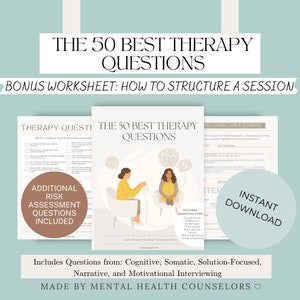 Könnte beinhalten: Ein druckbares Arbeitsblatt mit dem Titel "Die 50 besten Therapiefragen" und ein Bonus-Arbeitsblatt mit dem Titel "So strukturieren Sie eine Sitzung". Das Arbeitsblatt enthält Fragen aus der kognitiven, somatischen, lösungsorientierten, narrativen und motivationsfördernden Gesprächsführung. Das Arbeitsblatt wurde von Psychotherapeuten erstellt.