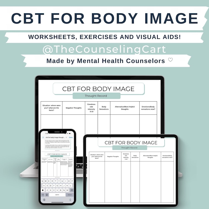 May include: A digital image of a laptop and two tablets displaying a printable worksheet titled "CBT for Body Image: Thought Record". The worksheet is a table with columns for "Situation", "Negative Thoughts", "Emotions Intensity", "Body Sensations", "Alternative/More Helpful Thoughts", and "Emotions/Body Sensations Now?"