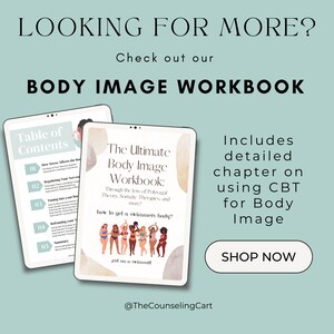 May include: A digital illustration of a workbook cover with the title "The Ultimate Body Image Workbook" and the text "Through the lens of Polyvagal Theory, Somatic Therapies, and more!"  The cover features a group of diverse women in swimsuits. The text "how to get a swimmers body?" is also on the cover. The text "put on a swimsuit!" is at the bottom of the cover. The text "@TheCounselingCart" is at the bottom of the cover.