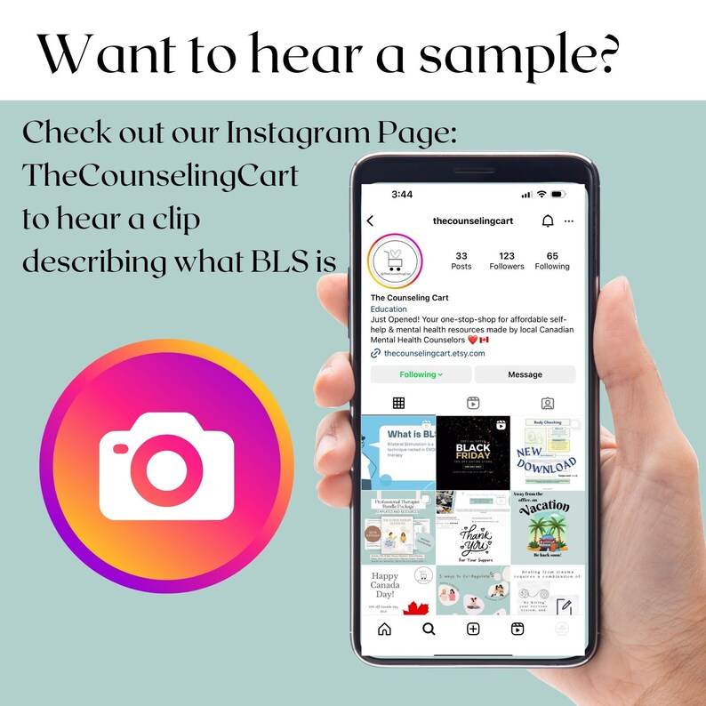 May include: A screenshot of an Instagram page for The Counseling Cart, an education resource for mental health. The page has 33 posts, 123 followers, and 65 people following. The page description reads "Just Opened! Your one-stop-shop for affordable self-help & mental health resources made by local Canadian Mental Health Counselors." The page also includes a link to thecounselingcart.etsy.com.