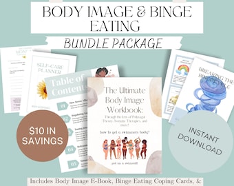 May include: A digital product bundle for body image and binge eating, featuring a workbook, planner, and coping cards. The bundle includes a $10 savings and is available for instant download. The image features a colorful design with illustrations of people in swimsuits and a swirling blue vortex.