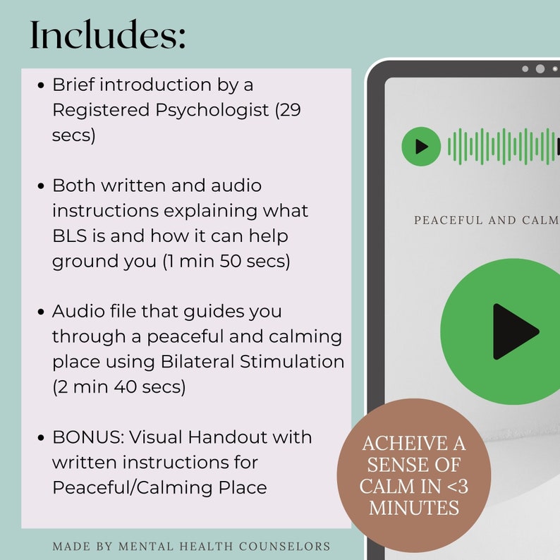 May include: A graphic with a blue background and white text that reads "Includes:" followed by a list of bullet points describing the contents of a guided meditation audio file. The graphic also includes a phone screen with a green play button and the text "PEACEFUL AND CALM" and a brown circle with a green play button and the text "ACHIEVE A SENSE OF CALM IN <3 MINUTES".