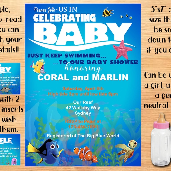 Please Join Us In "Celebrating Baby", a Finding Nemo Themed Baby Shower, Editable Printable 5"x7" invitation with two optional inserts