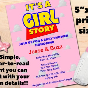 Pink It&#39;s A GIRL Story, Toy Story Themed Baby Shower, Editable and Printable 5&quot;x7&quot; Invitation