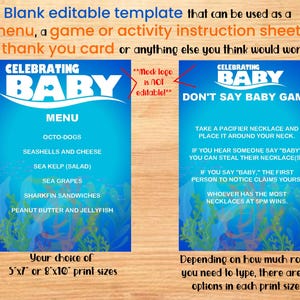 Celebrazione del bambino, tema oceano, modello vuoto modificabile e stampabile da 5"x7" e 8"x10" da usare come menù/biglietto di ringraziamento/informazioni sulle attività/ecc.