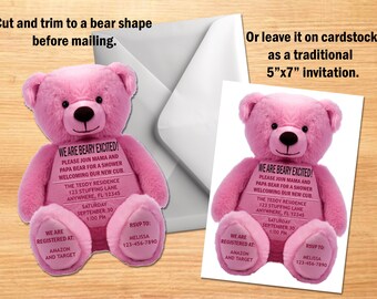 We are Beary Excited! Baby Girl Pink Teddy Bear Baby Shower Editable 5"x7" Invitation Printable