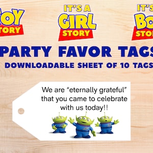 It&#39;s A Boy Story, It&#39;s A Girl Story, Toy Story Theme Baby Shower &quot;We are eternally grateful...&quot; Gift/Party Favor Tags Printable