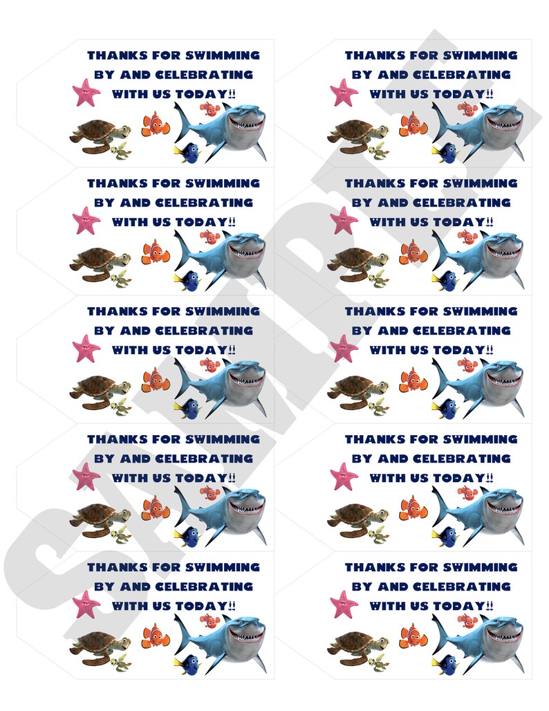 May include: Eight favor tags with a Finding Nemo theme. Each tag features a pink starfish, a turtle, a clownfish, a blue tang, and a shark. The text on each tag reads "Thanks for swimming by and celebrating with us today!"