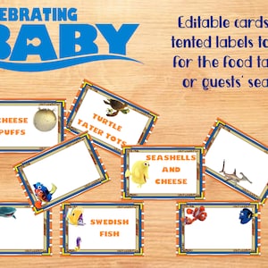 Baby feiern, Findet Nemo Babyparty bearbeitbare Lebensmittel- / Sitzetiketten, mit / ohne Bilder, sowohl Tischzelte als auch einzelne Karten