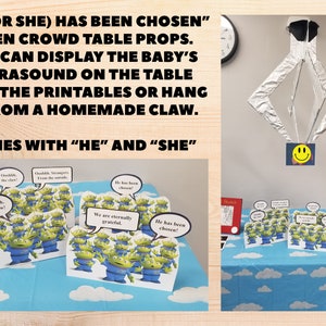 HE or SHE has been chosen! Alien Crowd Claw Machine Ultrasound PRINTABLE Picture Prop for It&#39;s A Boy or Girl Story Toy Story Baby Shower