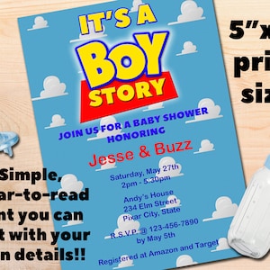 It's A BOY Story, Toy Story Themed Baby Shower, Editable and Printable 5"x7" Invitation