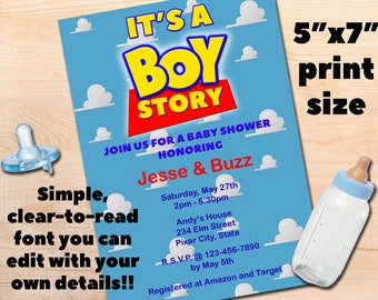 It's A BOY Story, Toy Themed Baby Shower, Editable and Printable 5"x7" Invitation