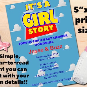 Blue It&#39;s A GIRL Story, Toy Story Themed Baby Shower, Editable and Printable 5&quot;x7&quot; Invitation