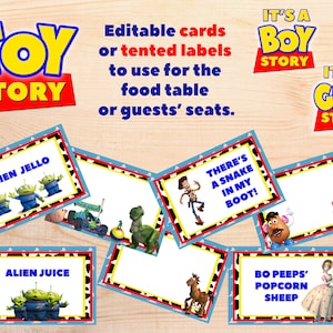 Toy Story It's A BOY / GIRL Story Baby Shower Bearbeitbare Lebensmittel / Sitzetiketten, mit / ohne Bilder, sowohl Tischzelte als auch einzelne Karten zur Verfügung gestellt