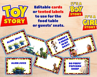 Toy Theme It's A BOY/GIRL Story Baby Shower Editable Food/Seat labels, with/without pictures, both table tents and individual cards provided