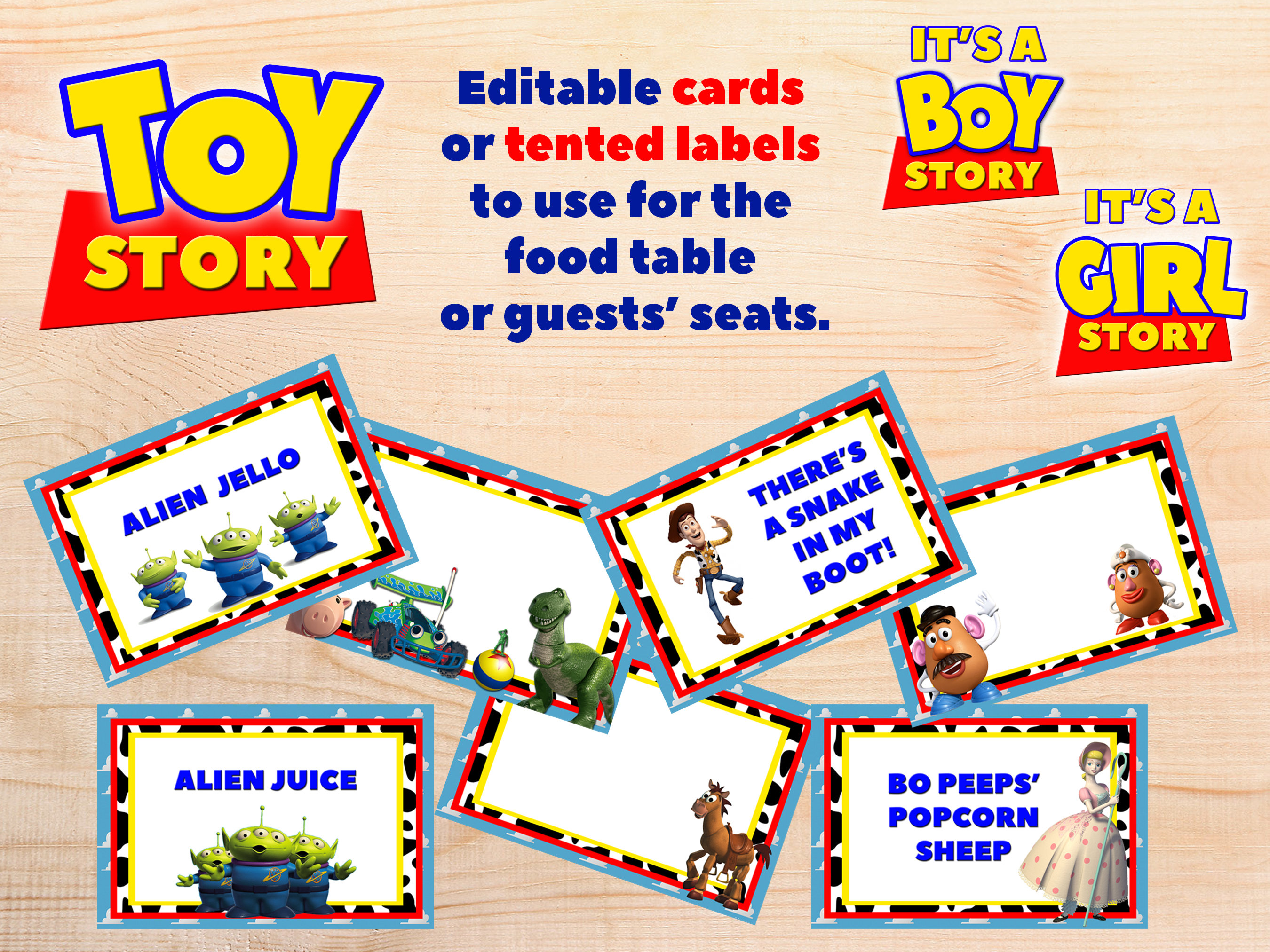 Toy Story Its A BOYGIRL Story Baby Shower Editable FoodSeat labels withwithout pictures both table tents and individual cards