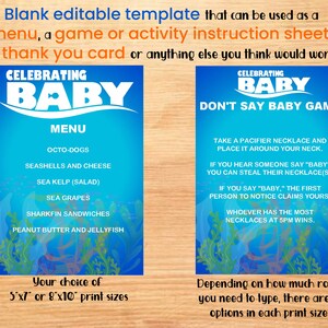 Comemorando o bebê, tema Procurando Nemo, modelo em branco editável para impressão de 5"x7" e 8"x10" para usar como menu/cartão de agradecimento/informações de atividades/etc.