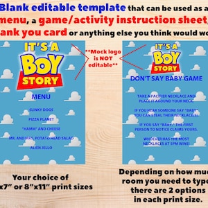 It&#39;s a BOY Story Baby Shower Editable Template 5&quot;x7&quot; and 8&quot;x11&quot; use it as you need it or as a menu, thank you card, or for activity info.