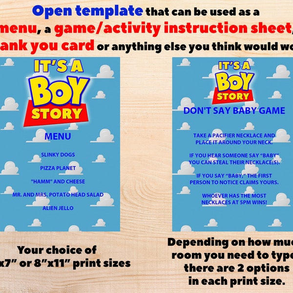 It's a BOY Story Baby Shower Editable Template 5"x7" and 8"x11" use it as you need it or as a menu, thank you card, or for activity info.