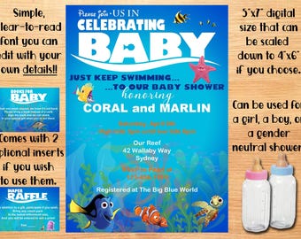 Please Join Us In "Celebrating Baby", an ocean Themed Baby Shower, Editable Printable 5"x7" invitation with two optional inserts