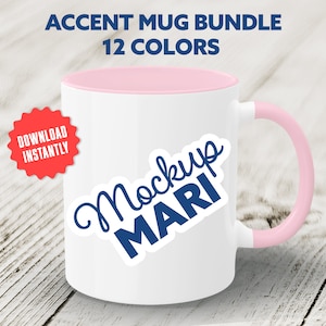 May include: White ceramic mug with a pink rim and handle. The mug has a sticker on it that says "Mockup MARI".