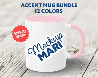 Accent Color Mug Mockup Bundle Two Tone Mug Handle & Rim Printify Mockup Hi Res 2-Toned Coffee Cup on Wood Plank Instant Digital Download