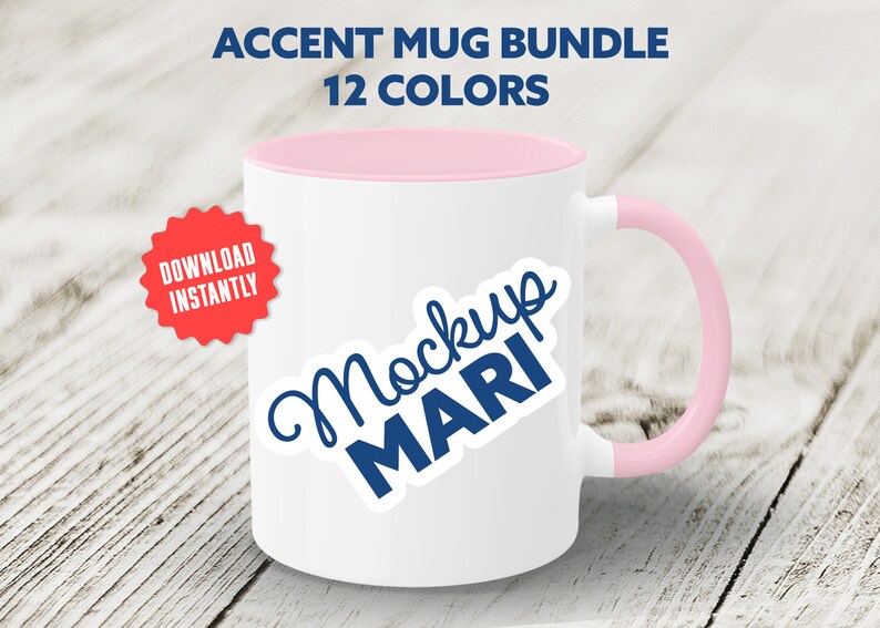 May include: White ceramic mug with a pink rim and handle. The mug has a sticker on it that says "Mockup MARI".