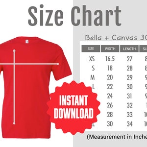 3001 Tabla de tallas Bella Canvas 3001 Guía de tallas rojas Camiseta unisex Tabla de tallas Mockup Bella Canvas Tabla de tallas para camisetas Modernas