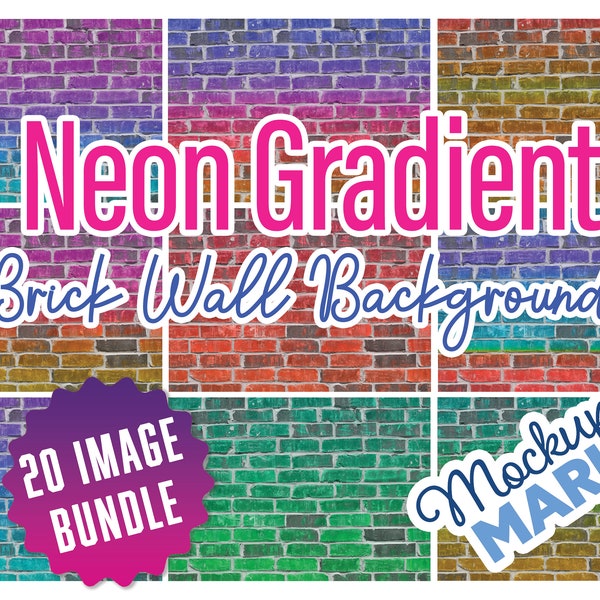 Neon Brick Wall Backgrounds Rainbow Gradient Brick Backdrop Digital Papers High-Res 300 dpi Quality Textured Brick Backdrops MultiColored