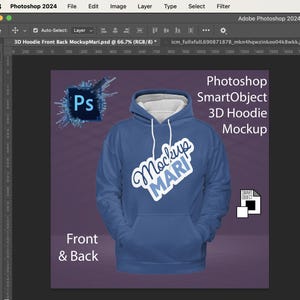 May include: A blue 3D hoodie mockup with the text "Mockup MARI" in white on the front. The hoodie is a Smart Object, which means you can easily change the design and color.