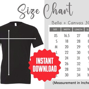 May include: Size chart for Bella + Canvas 3001 t-shirts, showing measurements in inches for width, length, and sleeve length for sizes XS to XL.