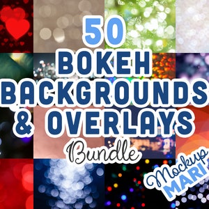 May include: A collage of 50 bokeh backgrounds and overlays in a variety of colors, including red, blue, green, and yellow. The text "50 BOKEH BACKGROUNDS & OVERLAYS Bundle Mockup MARI" is superimposed on the images.