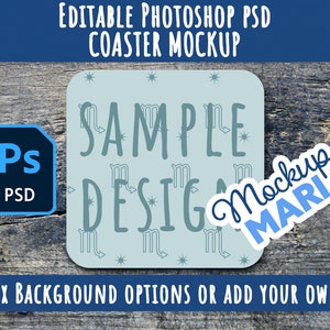 May include: A blue and white coaster mockup with the text "SAMPLE DESIGN" and a blue sticker with the text "Mockup MARI".