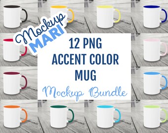 Accent Color Mug Mockup Bundle 12 Two Tone Mug Handle & Rim Printify Mockup Hi Res 2-Toned Coffee Cup on Wood Bench Instant Digital Download