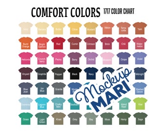 May include: A color chart of 48 t-shirt colors with names like "Ivory", "Banana", "Butter", "Citrus", "Mustard", "Melon", "Terra-cotta", "Yam", "Burnt Orange", "Bright Salmon", "Red", "Cumin", "Crimson", "Brick", "Chili", "Water-melon", "Heliconia", "Crunch-berry", "Peony", "Berry", "Orchid", "Blossom", "Grape", "Violet", "Vinyard", "Graphite", "Pepper", "Black", "Navy", "Blue Jean", "Ice Blue", "Granite", "Mystic", "Midnight", "Chambray", "Lagoon Blue", "Chalky Mint", "Seafoam", "Washed Denim", "Island Reef", "Kiwi", "Grass", "Light Green", "Khaki", "Grey", "Bay", "Moss", "Hemp", "Sage".