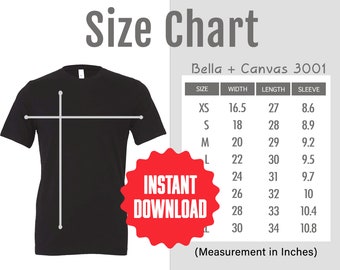 3001 Size Chart Bella Canvas 3001 Black Sizing Guide Unisex T-Shirt Size Chart Mockup Bella Canvas Size Table for Tee Shirts Modern
