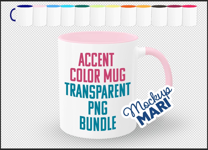 May include: A white mug with a pink accent color rim and handle. The mug has the text "Accent Color Mug Transparent PNG Bundle" printed on it in teal and pink. The text "Mockup Mari" is written in blue on a white sticker.