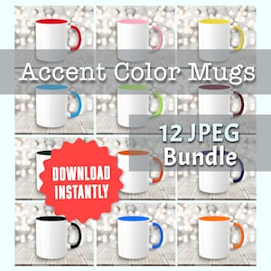 Puede incluir: Doce tazas blancas con diferentes acentos de color alrededor del borde y las asas. Las tazas están dispuestas en una cuadrícula sobre una superficie de madera. El texto "Accent Color Mugs" y "12 JPEG Bundle" se muestra en la imagen.