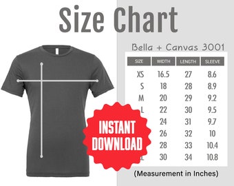 3001 Size Chart Bella Canvas 3001 Dark Grey Sizing Guide Unisex T-Shirt Size Chart Mockup Bella Canvas Size Table for Tee Shirts Modern
