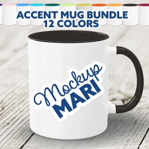 Accent Color Mug Mockup Bundle Taza de dos tonos Manija y borde Printify Mockup Hi Res Taza de café de 2 tonos en tablón de madera Descarga digital instantánea