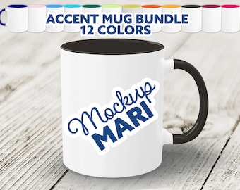 Accent Color Mug Mockup Bundle Two Tone Mug Handle & Rim Printify Mockup Hi Res 2-Toned Coffee Cup on Wood Plank Instant Digital Download