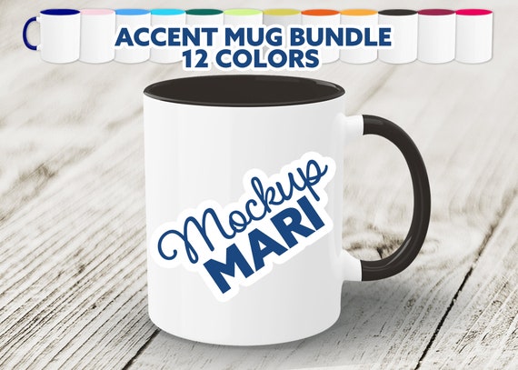 Accent Color Mug Mockup Bundle Two Tone Mug Handle & Rim Printify Mockup Hi Res 2-Toned Coffee Cup on Wood Plank Instant Digital Download