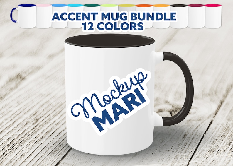 May include: A white ceramic mug with a black rim and handle. The mug has a blue sticker with the text "Mockup MARI" on it. The mug is sitting on a wooden surface.