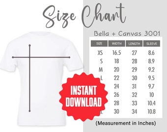 White 3001 Size Chart Bella Canvas 3001 Sizing Guide Unisex T-Shirt Size Chart Mockup Bella Canvas Size Table for Tee Shirts Cursive Script