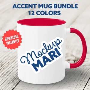 May include: White ceramic mug with a red rim and handle. The mug has a blue and white sticker that says "Mockup Mari".
