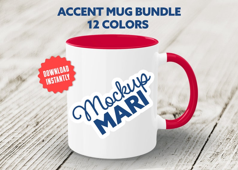 May include: White ceramic mug with a red rim and handle. The mug has a blue and white sticker that says "Mockup Mari".