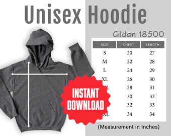 Gildan 18500 Size Chart Dark Grey Gildan 18500 Unisex Hoodie Size Guide Gilden 18500 Size Mockup Gildan Size Table for Hooded Sweatshirt