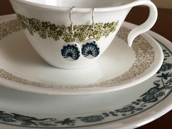 Corelle Old Town Blue Earrings vintage Corelle plates jewelry vintage Pyrex gift Upcycled Minimalist earrings bride party favor midcentury